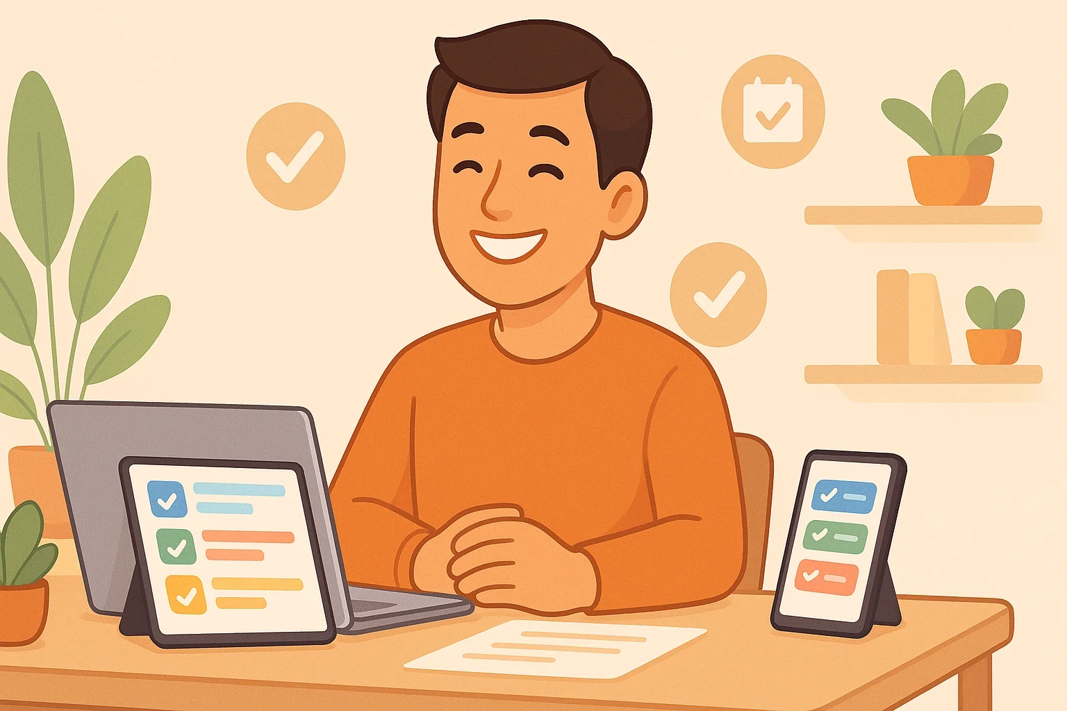A man sits calm and happy after organizing his tasks digitally.